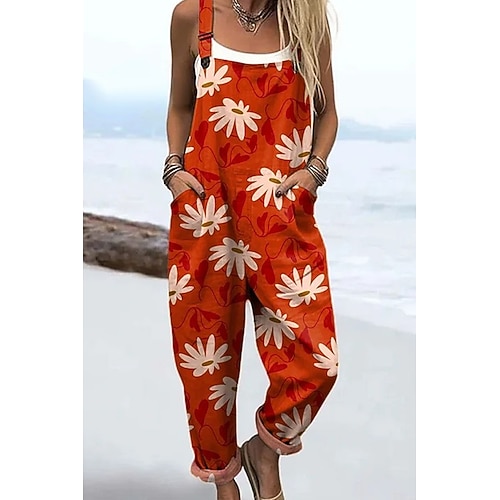 Damen Latzhose Aktiv Blumen Ärmellos Ärmellos Gerade Quadrathals Tasche mit Tasche Urlaub Täglich Lässiger Schnitt Rote Blau Grün Sommer Image