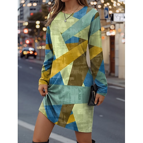 Damen Minikleid T-Shirt-Kleid Shiftkleid Lässig Täglich Normale Passform Grafik Geometrisch Langarm Rundhalsausschnitt Gelb Rote Königliches Blau Blau Frühling Herbst Winter Image