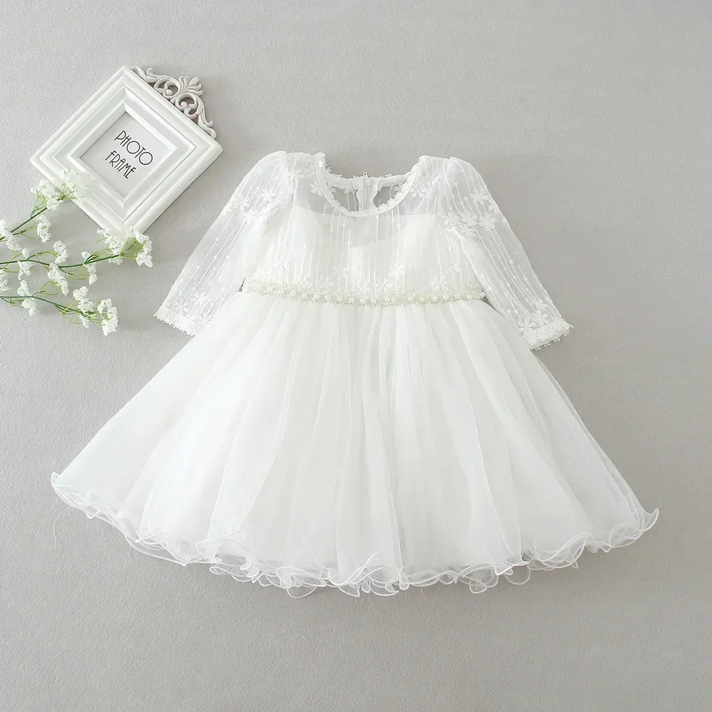 0-24 Monate Langarm Baby Mädchen Kleid Säugling Kleinkind Geburtstag Party Kleider Kleine Mädchen Weiß Hochzeit Taufe Kleid 8515 Image