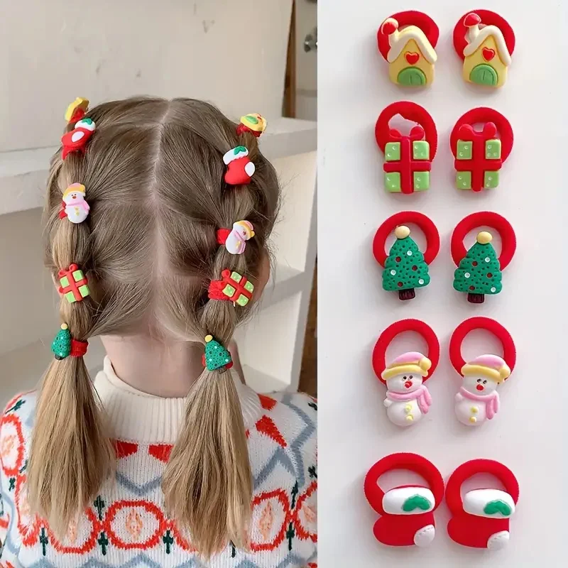 10 Stück Weihnachts-Haargummis für Kinder und Mädchen, niedliches Weihnachtsmann- und Rentier-Design, festliche Haar-Accessoires, Urlaubspartys, Dekorationen Image