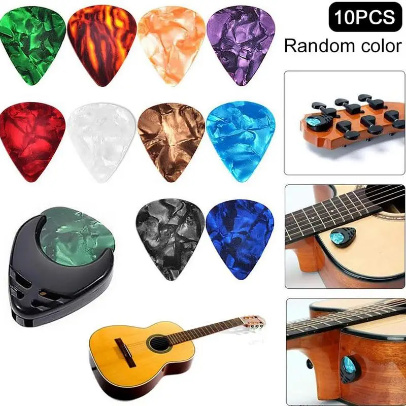 10X Gitarrenplektren und Gitarrenplektrum-Halter-Set für Akustikgitarre, E-Gitarre, Bass, Ukulele, zum Aufkleben (zufällige Farbe) Image