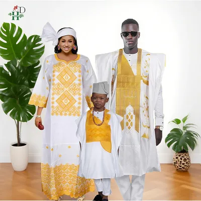 Family Matching African Wedding Outfits For Husband and Wife Bazin Riche Robes Custom Couple Dashiki Set Boy Kid white Dress