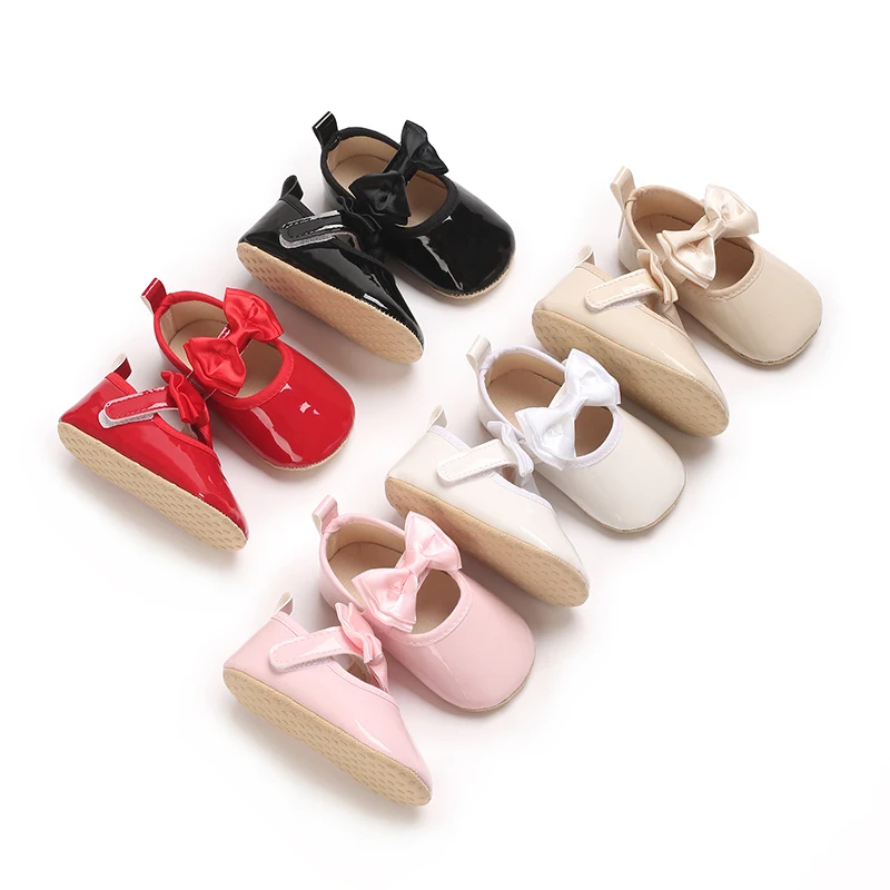 Trendige süße einfarbige Mary-Jane-Schuhe mit Schleifendekor für Babys, leichte, rutschfeste Wanderschuhe für Frühling und Herbst Image
