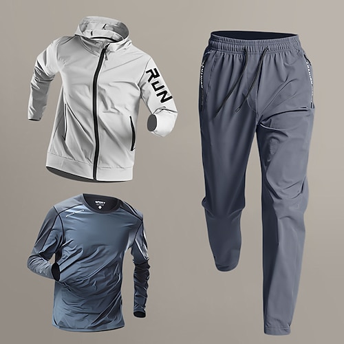 Herren Trainingsanzüge 3-teiliges Sport-Set Einfarbig Kombination Frühling Herbst Grün und Schwarz Schwarz Basketball Laufen Yoga Hohe Taille Schnelltrocknend Langarm Sport Sportkleidung Image