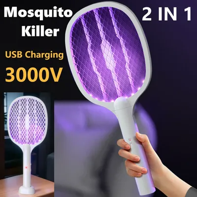 Mosquito Swatter Electric Fly Swatter Bug Zapper Racket Safe USB Rechargeable 2 in 1 Fly Killer Mosquito Trap Lamp Pest Control