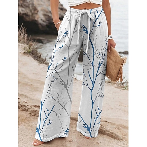 Damen Weites Bein Hosen Hose Urlaub Lässig Lang Hohe Taille Blumen Elastischer Bund Drucken Hoher Schnitt Atmungsaktivität Weich Mikroelastisch Urlaub Straße Alltagskleidung Weiß Blau Purpur Frühling Image