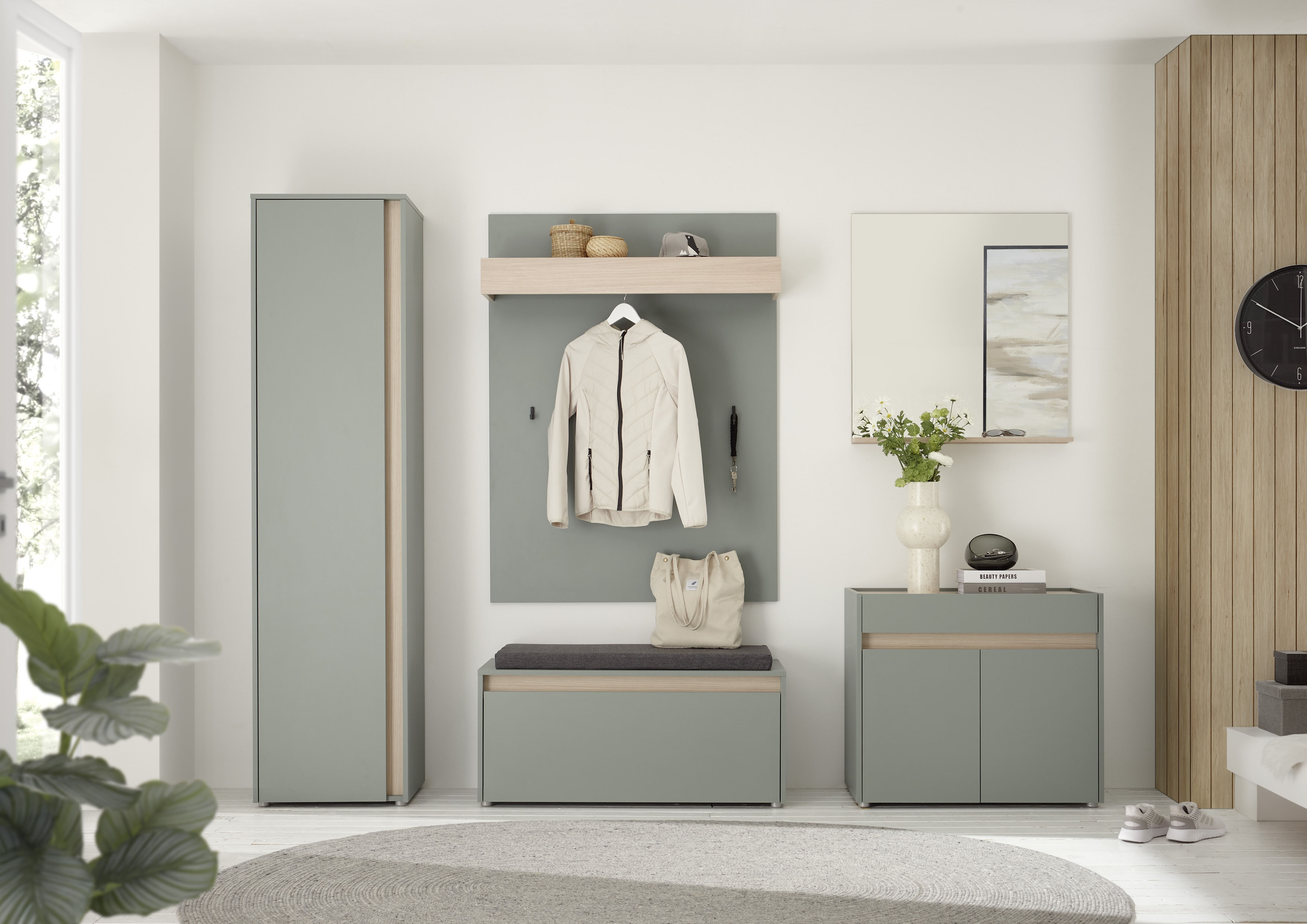 Garderoben-Set INOSIGN "GIRON/CiTY, moderne Garderobe, Komplettset mit viel Stauraum", grün, B:260cm H:200cm T:40cm, Holzwerkstoff, Kastenmöbel-Sets, enthält Schrank, Kommode, Spiegel, Paneel & Schuhbank +Sitzkissen