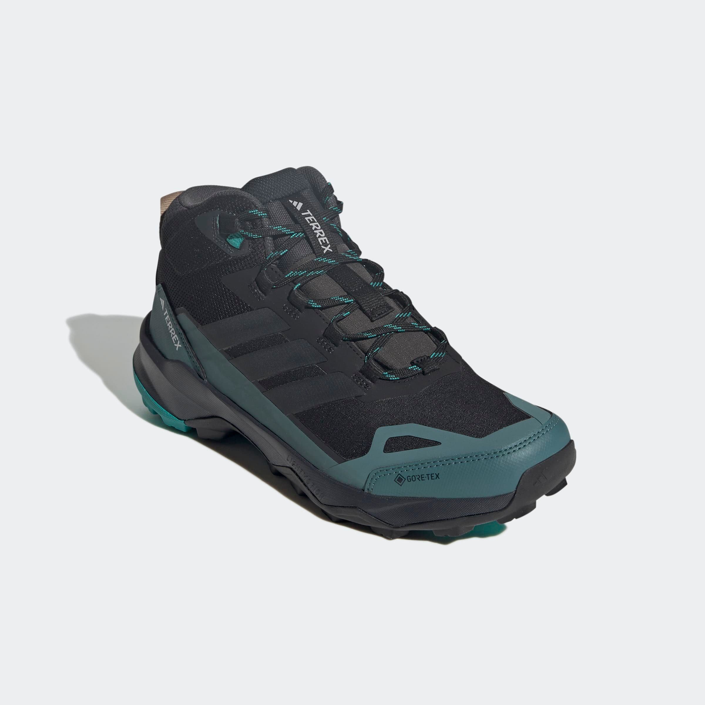 Wanderschuh ADIDAS TERREX "TERREX SKYCHASER AX5 MID GORE-TEX", Herren, Gr. 45, core schwarz, carbon, pure teal, Synthetik, Textil, Schuhe Wanderschuh, wasserdicht
