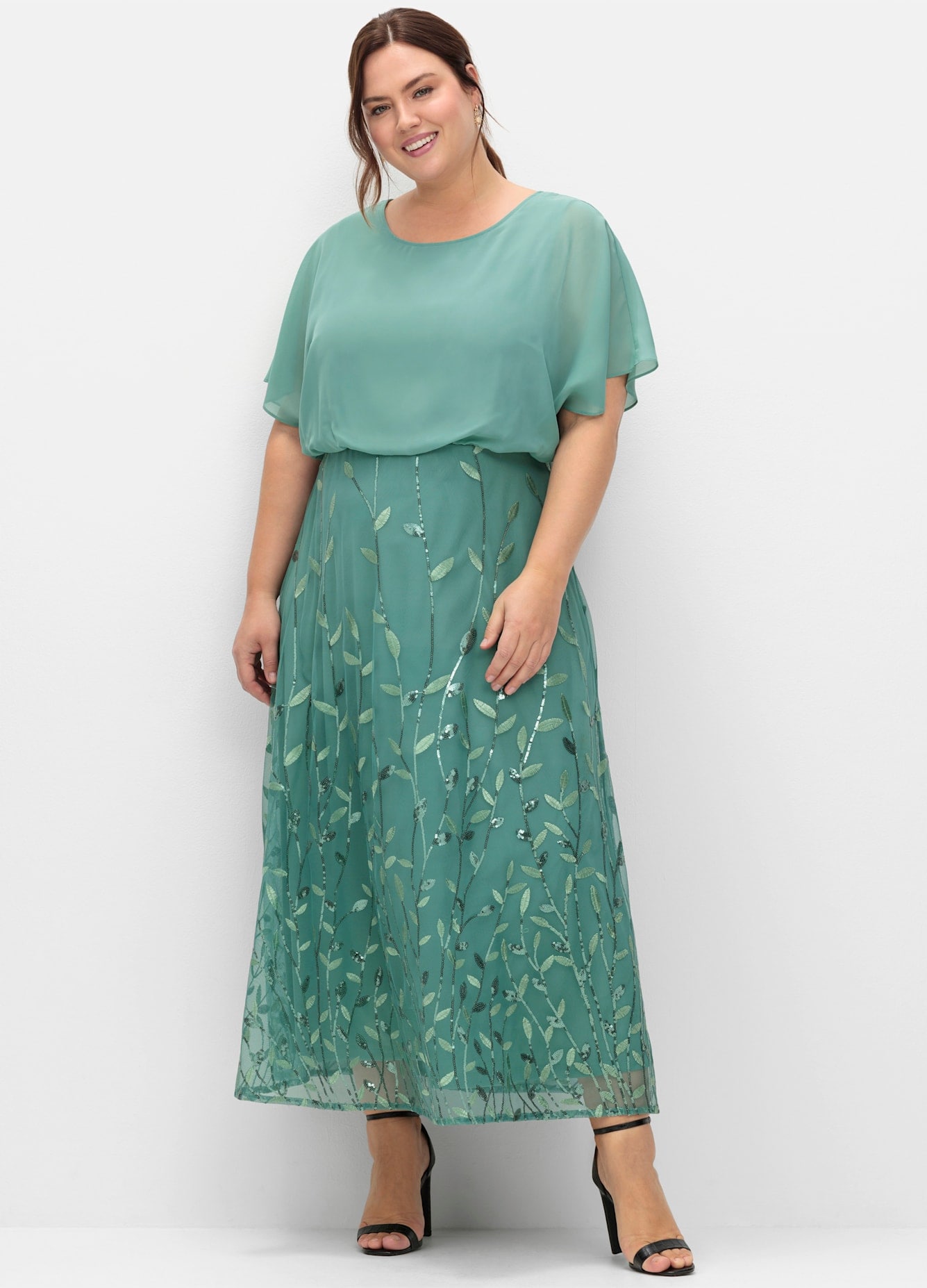 Abendkleid SHEEGO "Abendkleid", Damen, Gr. 44, Normalgrößen, grün (rauchgrün), 100% Polyester, unifarben, lang, Rundhals, Kleider Image
