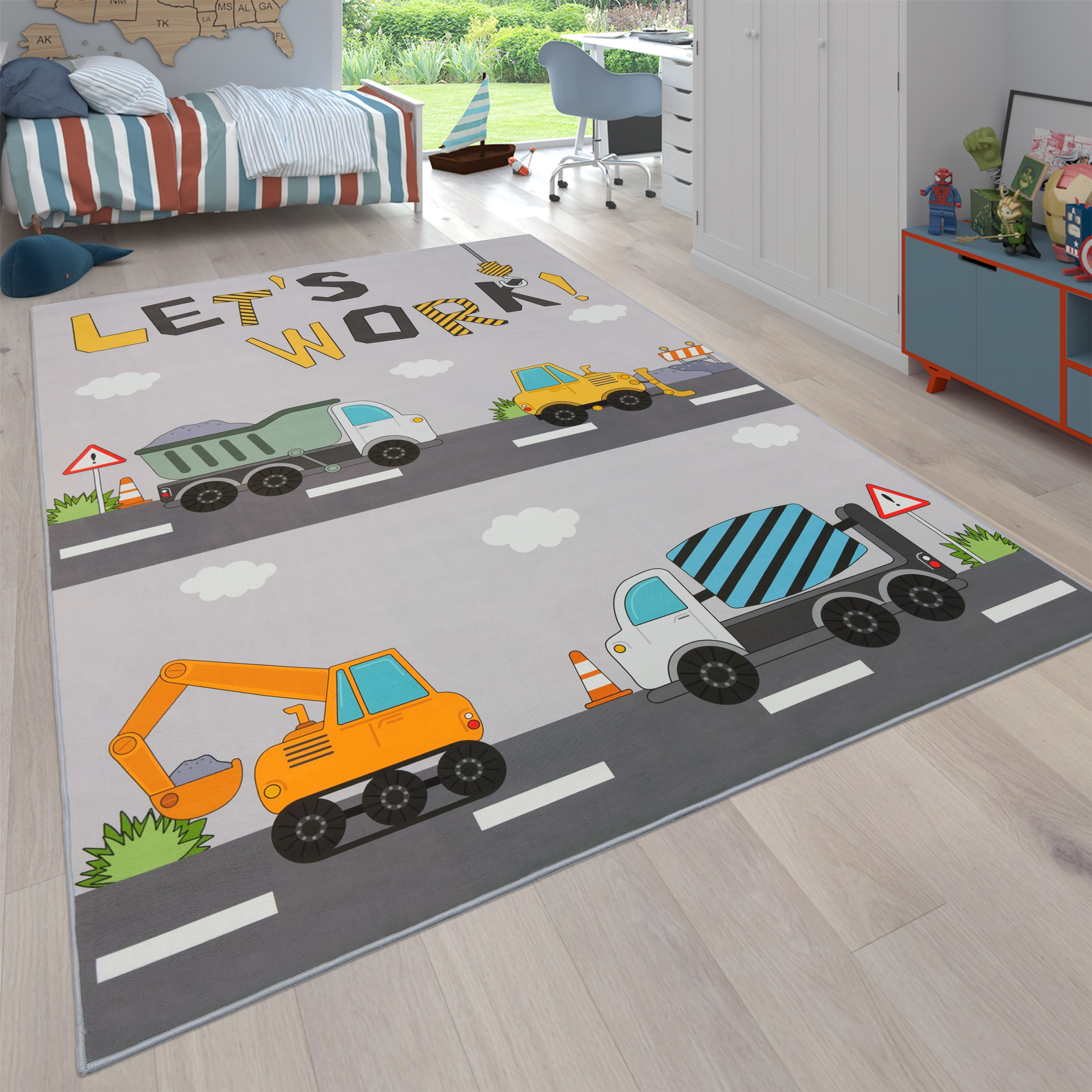 Kinderteppich PACO HOME "Bino 578", grau, B:80cm H:4mm L:150cm, Polyester, Teppiche, Spielteppich, Motiv Autos & Baustelle, Kinderzimmer Image