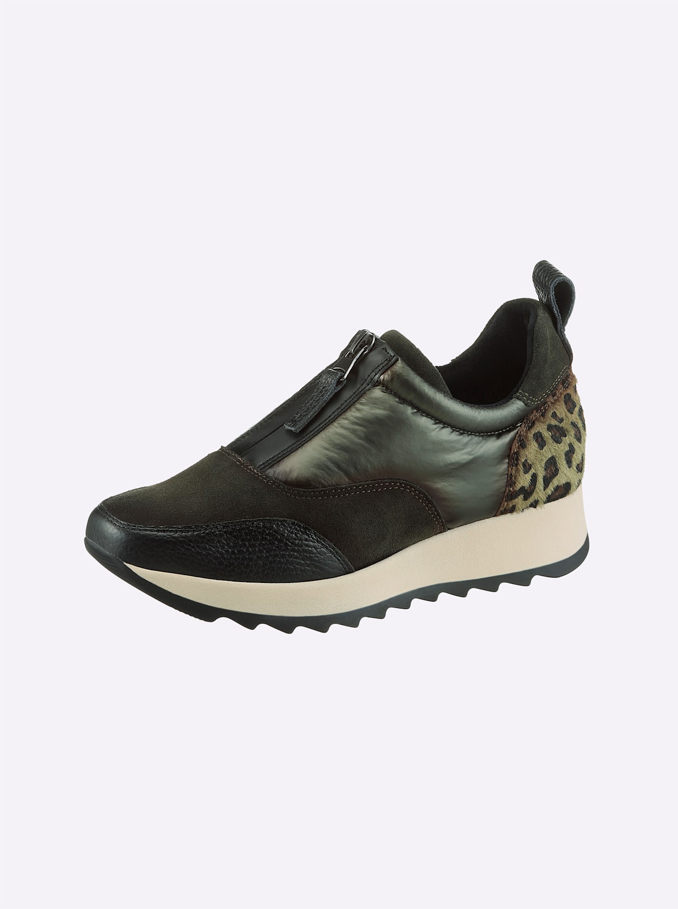 Sneaker HEINE, Damen, Gr. 36, grün (khaki, oliv, gemustert), Glattleder, Leder, Rindsleder, Synthetik, Modisch, Schuhe