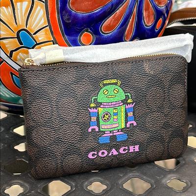 Coach Bags | Coach Dark Brown Wristlet With Colorful Robot | Color: Brown/Green | Size: 6” X 4”