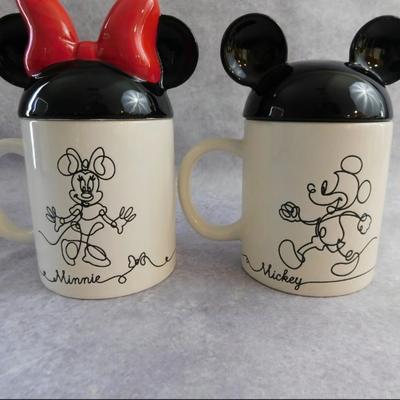 Disney Dining | Disney Classic Mickey Mouse Minnie Mouse Sketch Cartoon Ears Lids Mug Set Of 2 | Color: Black/White | Size: Os