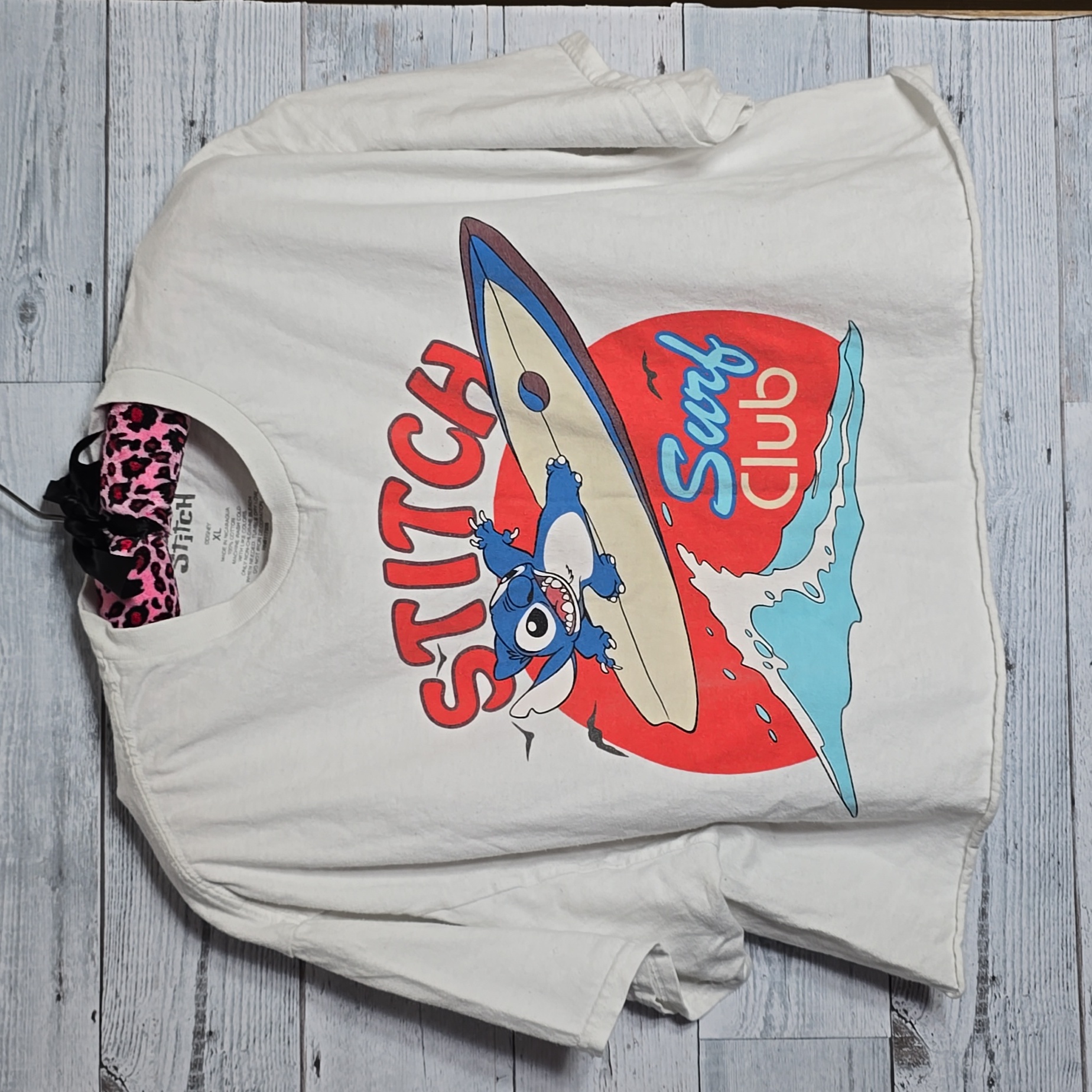 Disney Tops | Disney Lilo & Stitch Surf Club White Cropped Tshirt Sz Xl | Color: Blue/White | Size: Xl