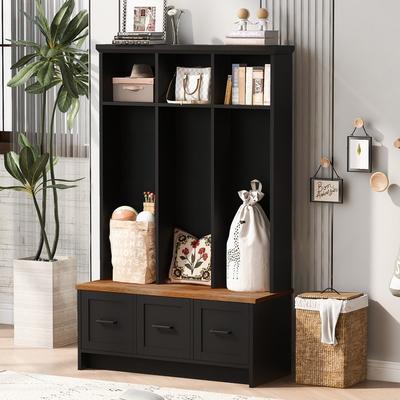 Modern Hall Tree with Entryway Bench, 3 Shelves and Drawers, 40.2'' Wide Hall Tree with Storage Bench for Hallway, Entryway