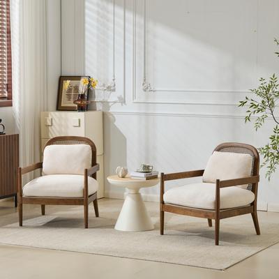 Solid Wood Frame Mid-Century Accent Chair with Rattan Backrest, Upholstered Living Room Chair Lounge Armchairs, Set of 2