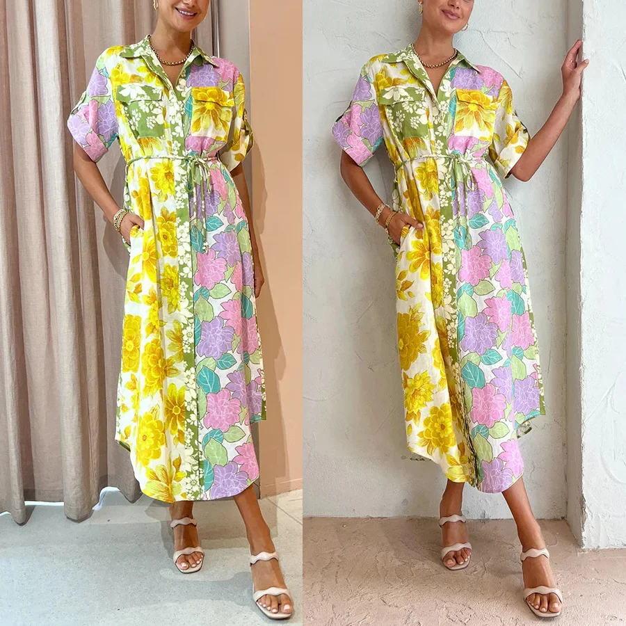 Frauen S-XL Größe Frühling Sommer Neue Lose Urlaub Kleid INS Casual Kurzarm Spitze up Tasche Mode Abnehmen Vielseitig