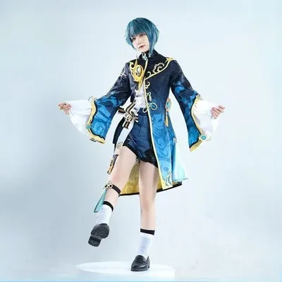 ANIMECC XingQiu Cosplay Kostüm Perücke Spiel Genshin Impact Xingqiu Cosplay Ohrringe Halloween Party Outfit für Frauen Mädchen Image