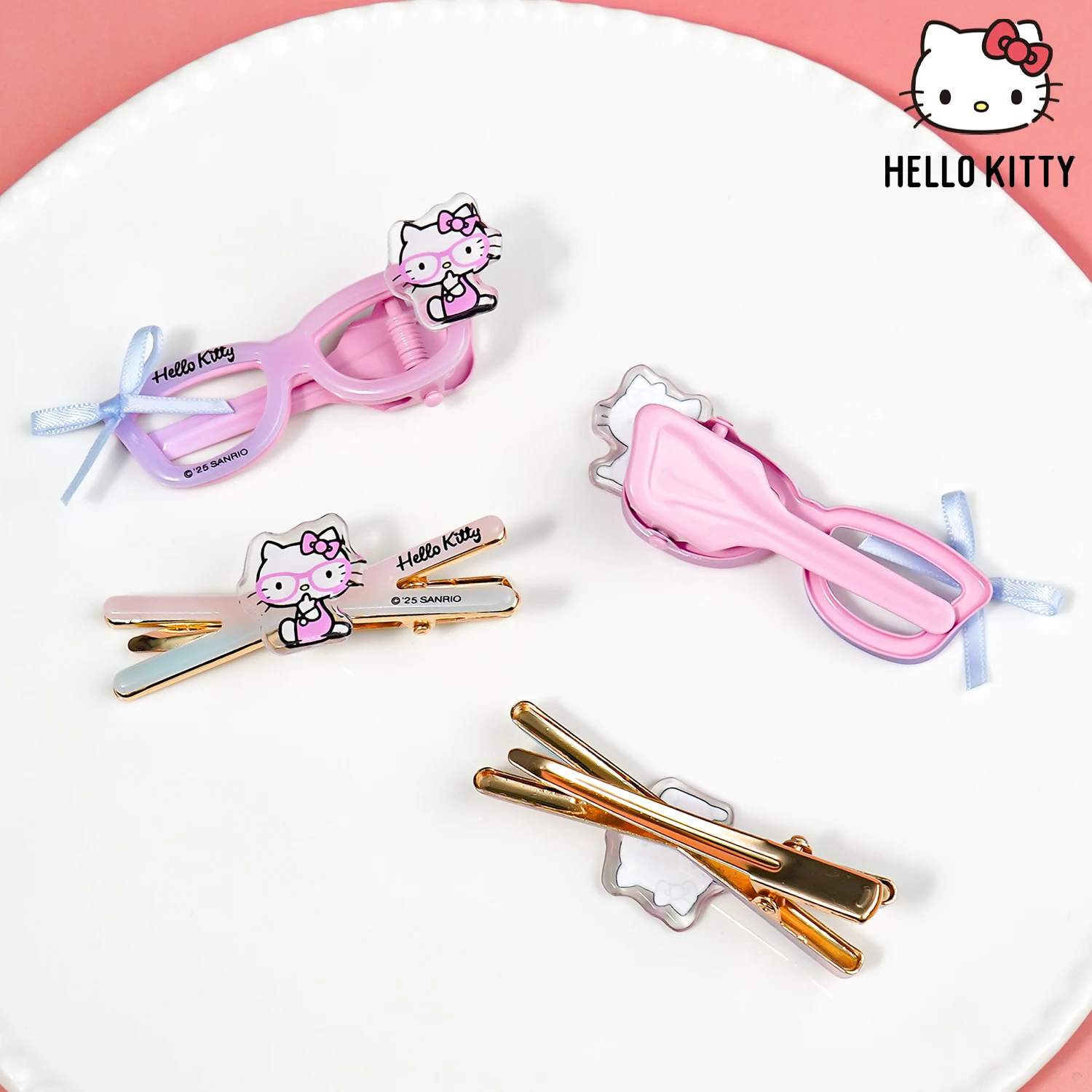 2 Stück Hello Kitty Kawaii Brillenförmige Gelee-Haarspange – mit Schleifendekor, sicherer Halt für Mädchen und Frauen, Kawaii-Haarspangen