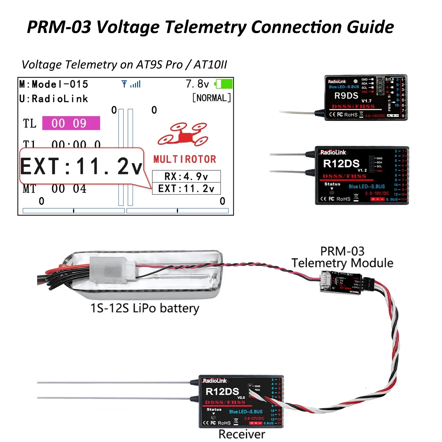 Radiolink PRM-03 OSD Telemetrie Sensor Return Flight Information Modul für AT9/AT9S/AT9S Pro/AT10/AT10II Image