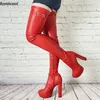 Ronticool Damen-Plateau-Oberschenkelstiefel, Frühling, Unisex, klobiger Absatz, runde Zehen, wunderschöne rosa, lila, rote Cosplay-Schuhe, US-Größe 5–20