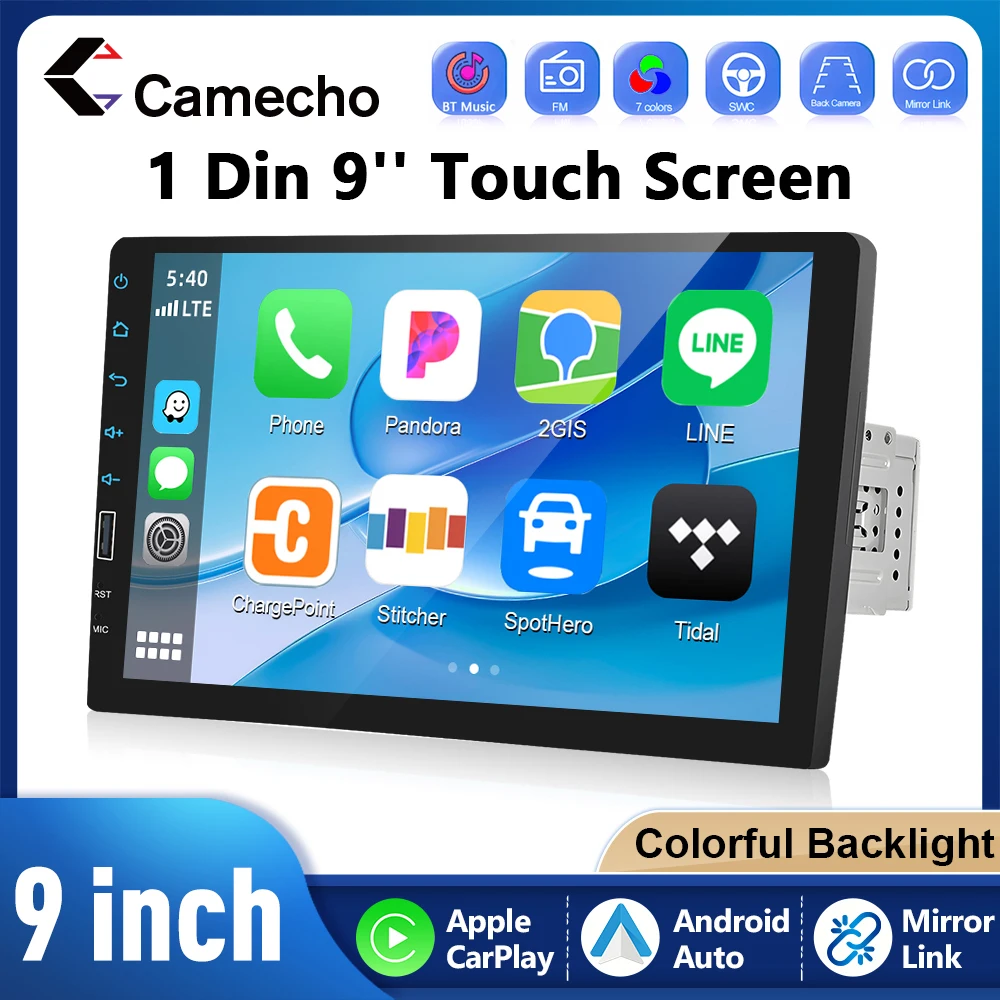 Camecho 1Din Autoradio Universal 9" Touchscreen Autoradio Wireless Android Auto Carplay Bluetooth FM Radio Receiver Mirrrorlink Image