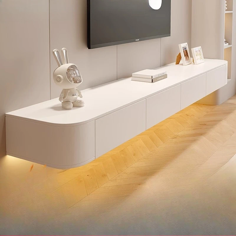 Hängender TV-Schrank aus massivem Holz, modern, schlicht, weiß, zum Aufhängen, für Wohnzimmer, Haushalt, Schlafzimmer, cremefarbener Windschiefer-TV-Schrank Image