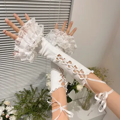 Y2K Balletcore Handschuhe Ärmel Set Gothic Lolita Fishnet Spitze UV-Schutz Armabdeckung Niedliche Anime Kawaii Modeaccessoires  Image