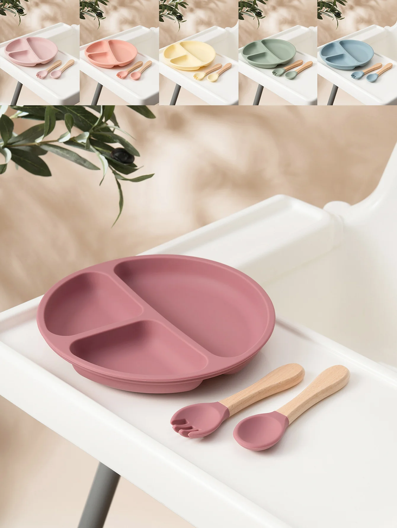 3PCS Baby Silikon Fütterung Set Saug Platte Holz Löffel Gabel BPA FREI Kleinkind Training Geschirr Essentials Baby Zeug Image