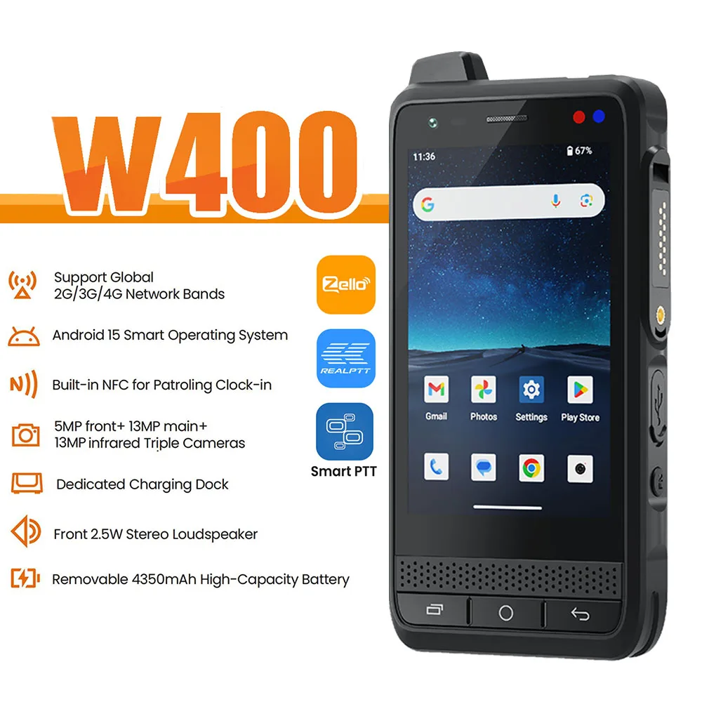 Nuovo Anysecu W400 Android 15 4G Radio di rete Sblocca WIFI NFC Poc Walkie Talkie F400 Funziona con Real-ptt Zello Pocstar