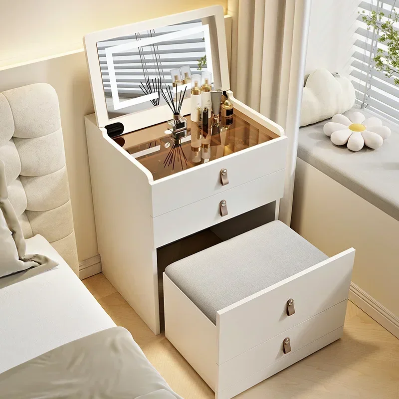 Schminktisch-Set mit hochklappbarem Spiegel und Lichtern, integriertem Schminktisch, großer Stauraum für kleine Räume, kompakter Schminktisch