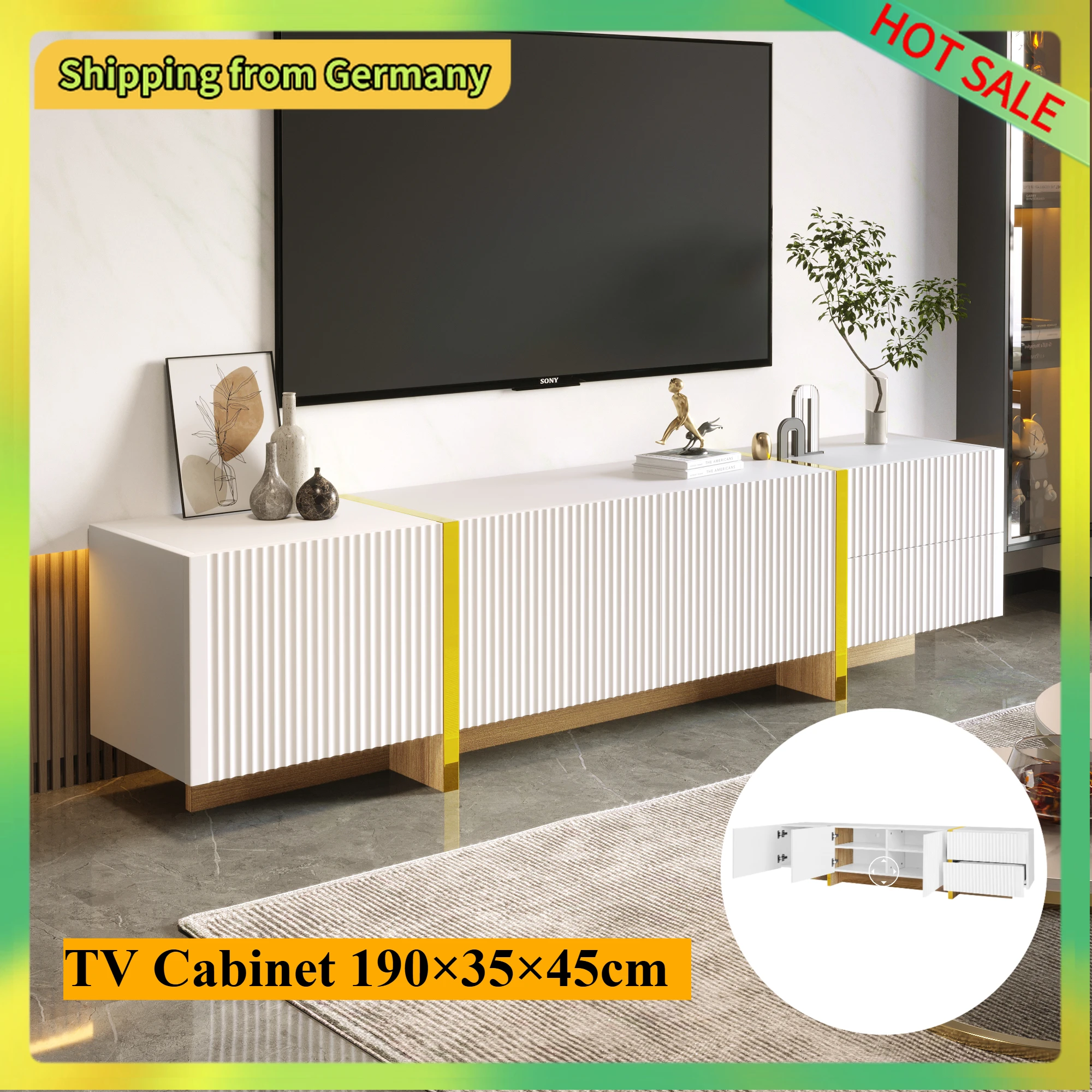 Comanlai 190 cm TV-Schrank mit 3 Türen und 2 Schubladen, Hochglanz-TV-Schrank mit farbblockierten Beinen, moderne TV-Ständer, 190 x 35 x 45 cm