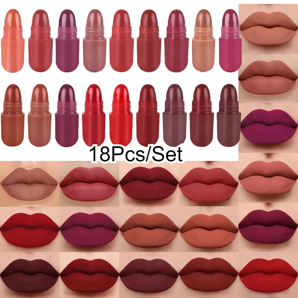 Mini 18 Pz/set Set Lucidalabbra Liquido Impermeabile Antiaderente Velluto Rossetto Opaco Lucidalabbra Trucco Cosmetico Cura 24 Ore di Lunga Durata