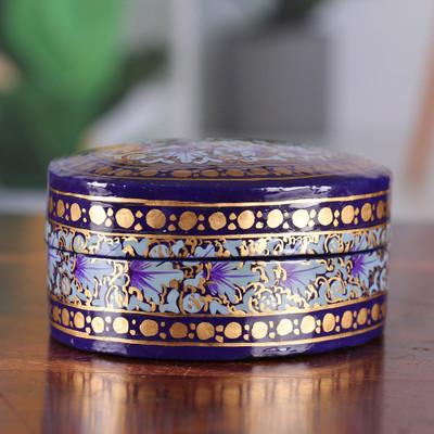 'Kashmir-Inspired Blue and Golden Papier Mache Decorative Box'