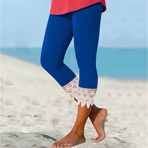 Per donna Pantaloni cropped Pizzo Vita Alta Atletico Pilates Corsa Pantaloni Tinta unica Nero Borgogna Blu Gli sport Abbigliamento sportivo