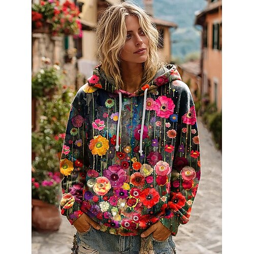 Felpa con cappuccio vintage boho 3D stampata per donne felpa patchwork con cappuccio felpa pullover floreale felpa oversize calda e attiva con cappuccio uso quotidiano da strada patchwork nero bianco