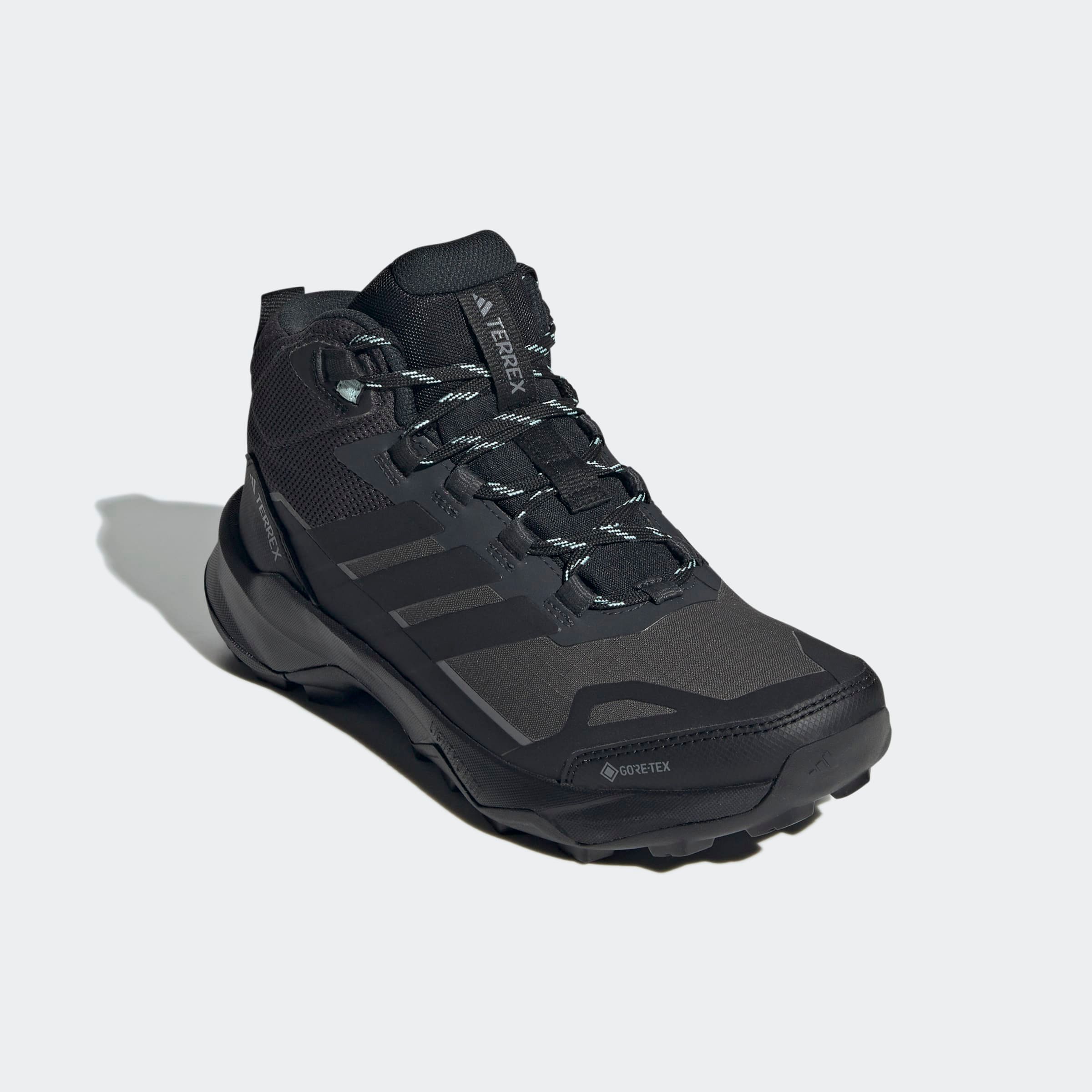 Wanderschuh ADIDAS TERREX "TERREX SKYCHASER AX5 MID GORE-TEX", Damen, Gr. 40,5, carbon, core schwarz, semi flash aqua, Synthetik, Textil, Schuhe Wanderschuh, wasserdicht