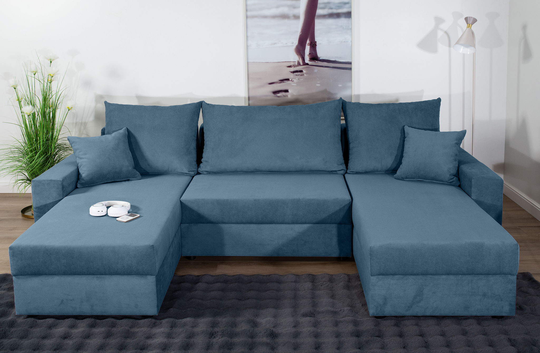 Wohnlandschaft COLLECTION AB "Pico U-Form", blau, B:252cm H:39cm T:158cm, 100%Polyester, Sofas, Wohnlandschaft, Wohnlandschaft,2 X Ottomane,Polyätherschaum Polsterung