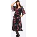 Sommerkleid SHEEGO "Kleid", Damen, Gr. 52, Normalgrößen, schwarz (schwarz, bedruckt), 100% Polyester, geblümt, gemustert, mehrfarbig, bedruckt, lang, V-Ausschnitt, Kurzarm, Kleider