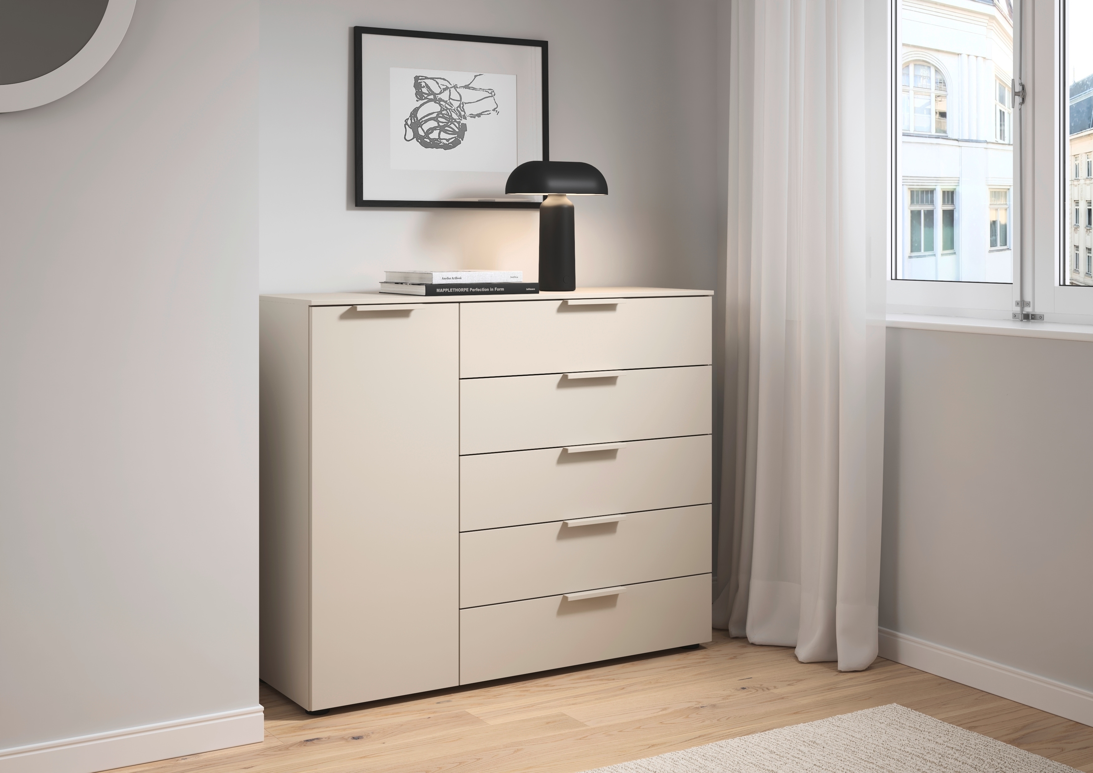 Kommode "Kommode Sideboard Schubladen Türenkommode SERINA eleganter Eyecatcher", beige (champagner), B:120cm H:100cm T:42cm, Holzwerkstoff, LEGER HOME BY LENA GERCKE, Sideboards, mit 5 Schubkästen und 1 Tür sowie Metallgriffen MADE IN GERMANY