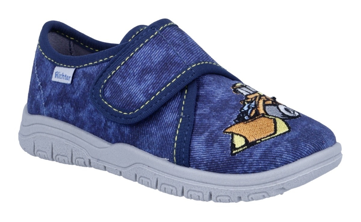 Hausschuh RICHTER "Mailo WMS: Mittel", Kinder, Gr. 28, blau, Baumwolle, kontrastfarbene Details, Schuhe, Klettschuh mit WMS, Größenschablone zum Download Image