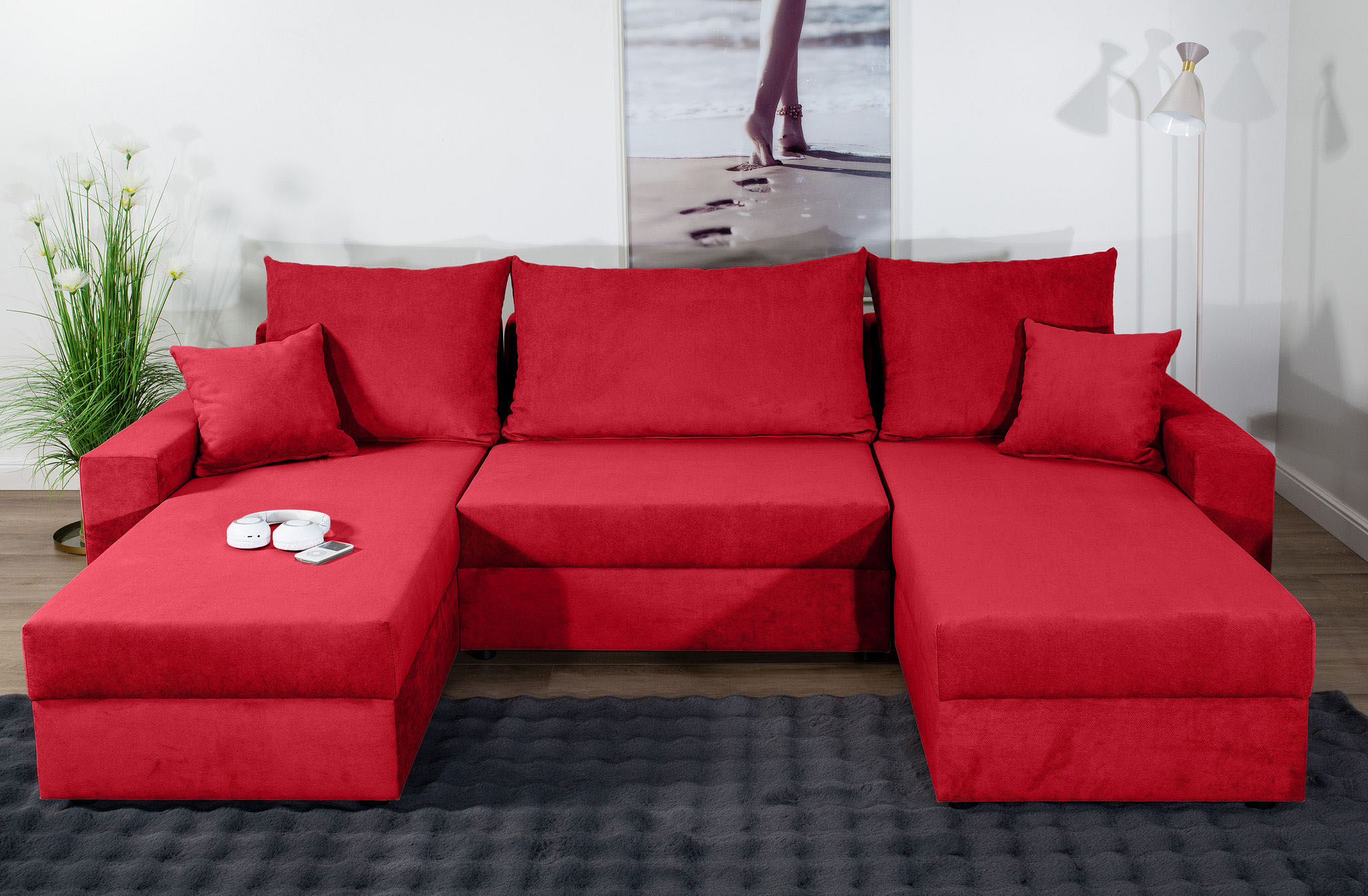 Wohnlandschaft COLLECTION AB "Pico U-Form", rot, B:252cm H:39cm T:158cm, 100%Polyester, Sofas, Wohnlandschaft, Wohnlandschaft,2 X Ottomane,Polyätherschaum Polsterung