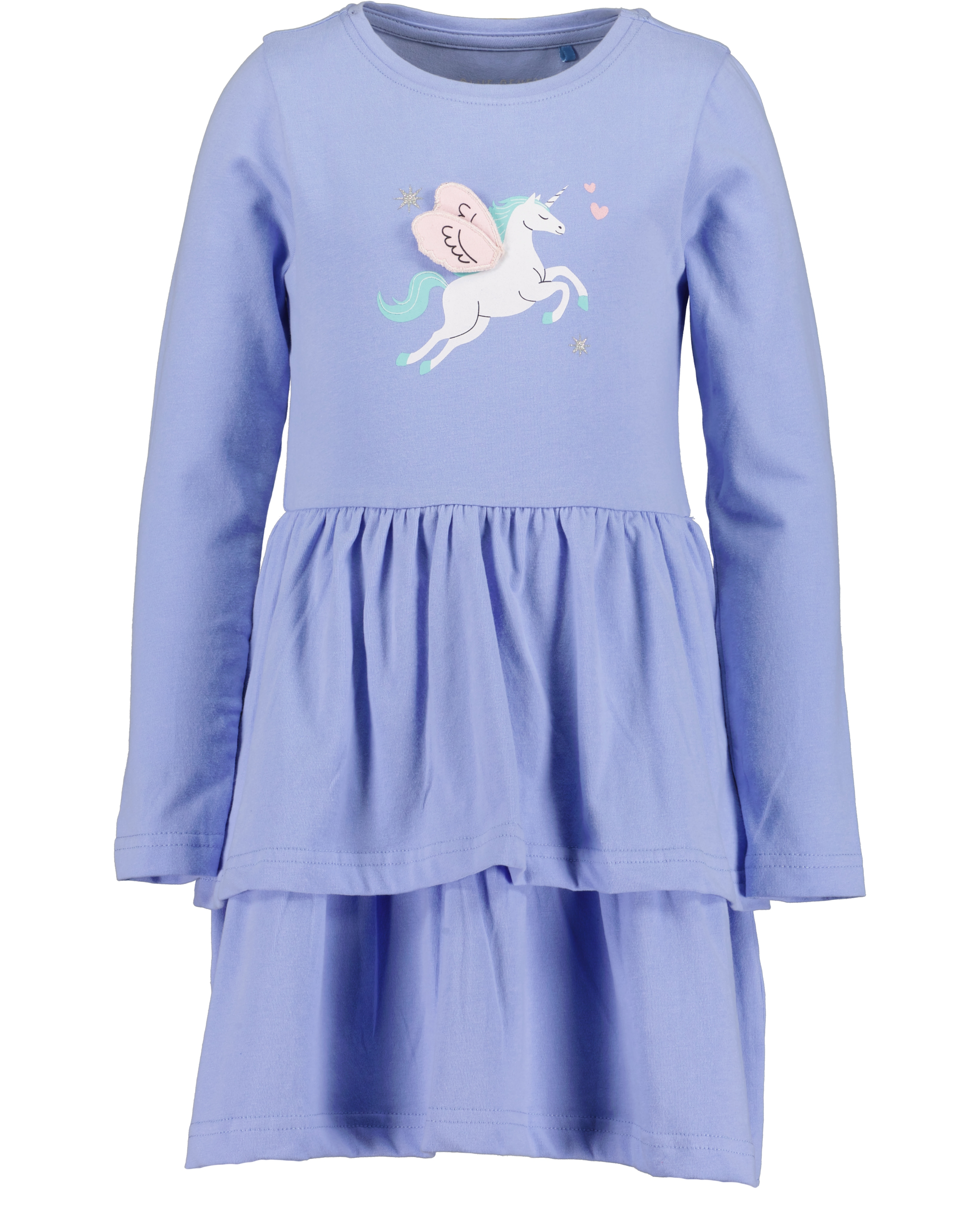 Jerseykleid BLUE SEVEN, Mädchen, Gr. 128, N-Gr, lila, Sweatware, Obermaterial: 95% Baumwolle, 5% Elasthan, bedruckt, regular fit, Rundhals, Kleider, mit hochwertigem Einhorn-Frontmotiv und mit Volants Image