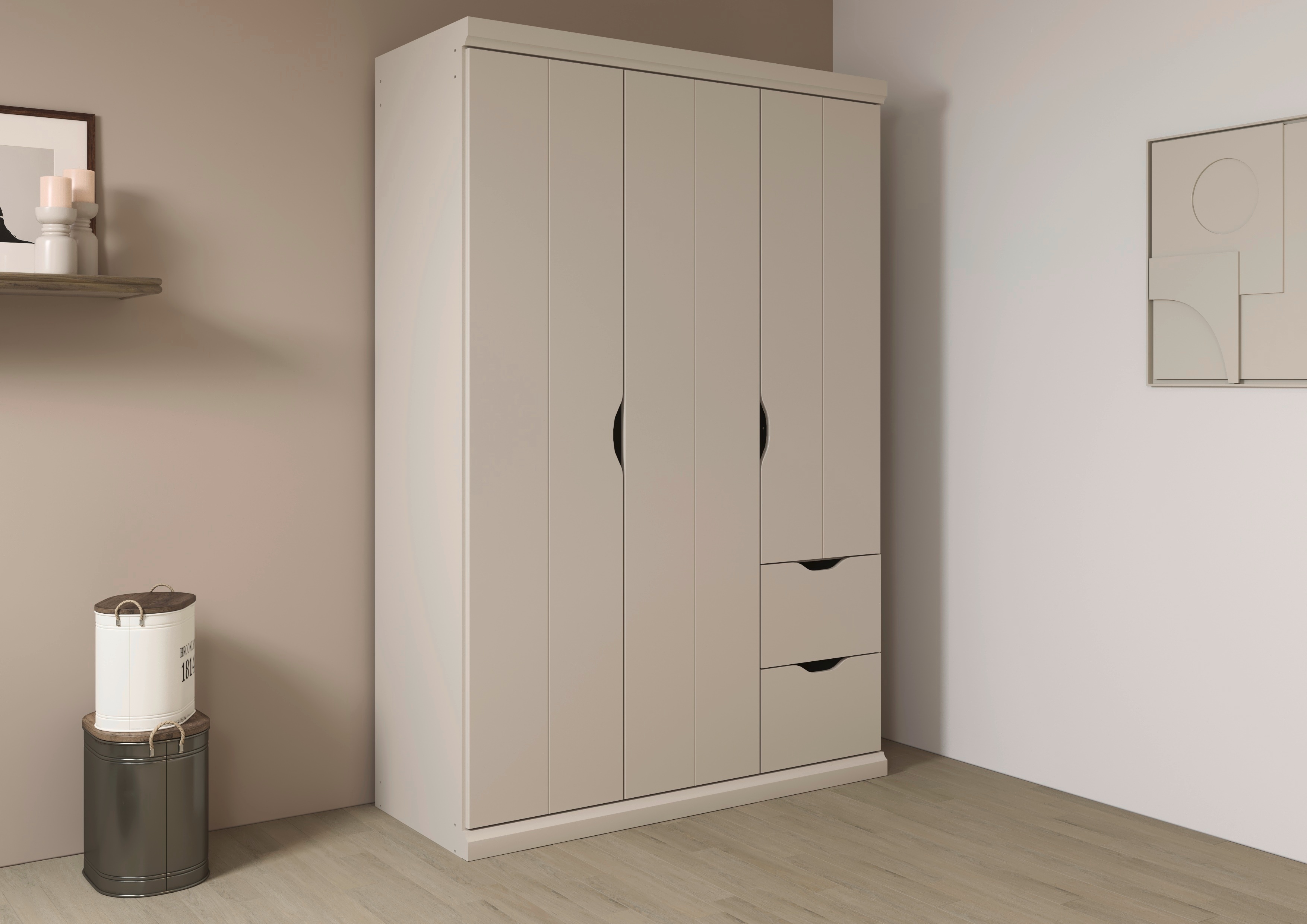 Kleiderschrank RAUCH "Drehtürenschrank Schrank Garderobe Wäscheschrank Schlafzimmer MARLENE", beige (beige (champagner)), B:136cm H:203cm T:56cm, Holzwerkstoff, Schränke, in 3 Breiten 91/136/181 cm im Landhaus-Stil MADE IN GERMANY Image