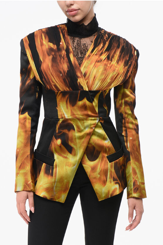 Bedruckter FIRE-Blazer ohne Kragen aus Satin in Orange Image