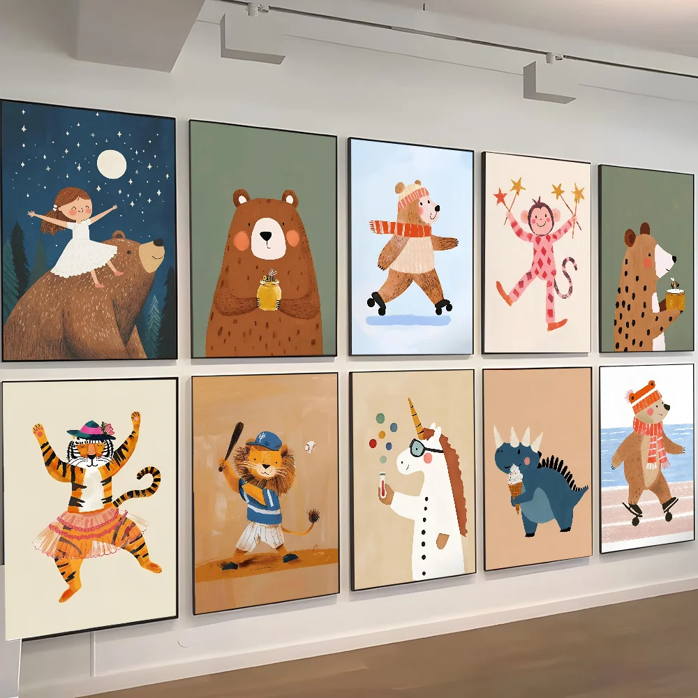 Niedliche Cartoon-Tiere, abstrakter brauner Bär, Tiger, Poster, Papierdruck, Zuhause, Wohnzimmer, Schlafzimmer, Eingang, Bar, Restaurant, Café, Kunst Image