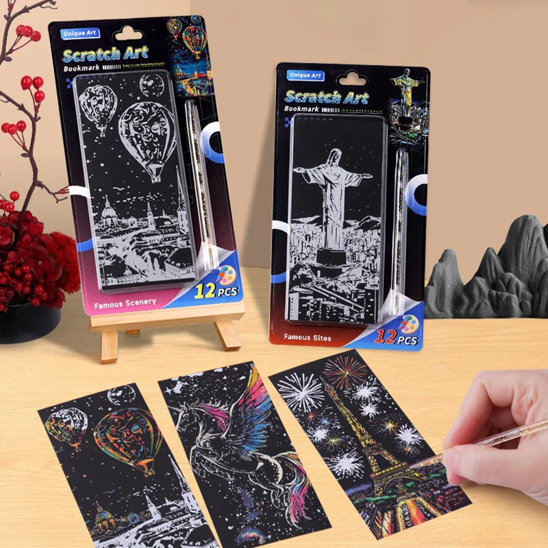 12 pièces/ensemble bricolage peinture à gratter célèbre paysage Architectural dessin animé Animal grattage peinture manuel dessin à gratter jouets cadeaux