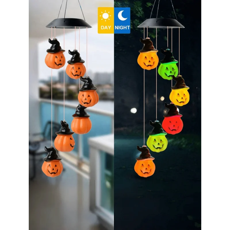 Halloween-Kürbis-Solar-Windspiel, LED-Lichterkette, farbwechselnde Hängedekoration für Party- und Gartendekoration im Innen- und Außenbereich