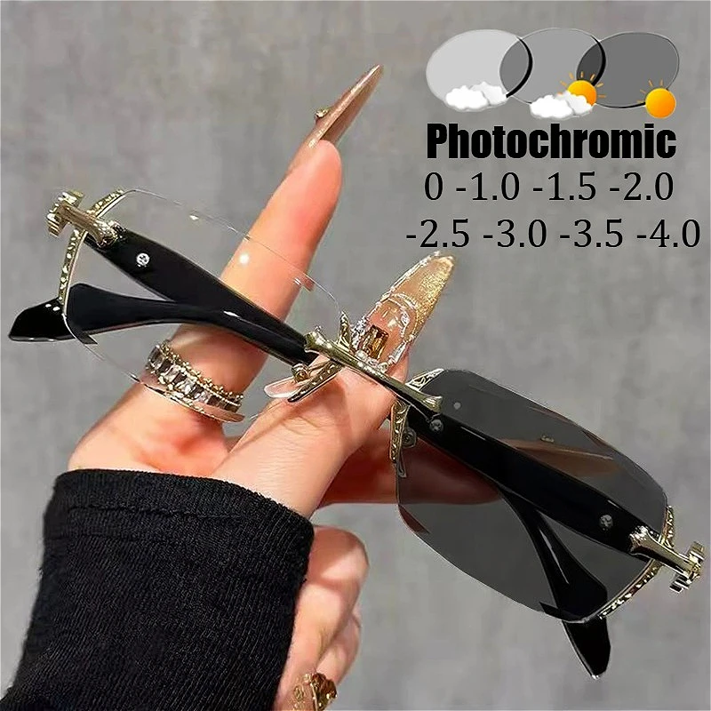 Schnittkante High-End rahmenlose photochrome Myopiebrille Silber Gold Blaulicht blockierende Brillen Anti-UV-Sonnenbrille Dioptrien -4,0 Image