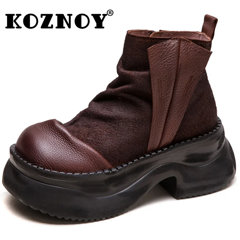 Koznoy 6,5 cm Kuh Wildleder Echt leder Mokassins Schornstein Mode Stiefeletten Herbst Damen Motorrad Frühlings stiefel Damenschuhe